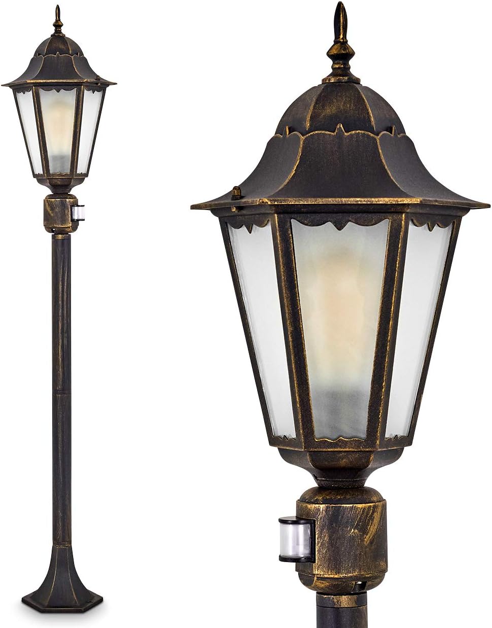 Hong Kong Frost Outdoor Floor Lamp with Motion Detector, Antique Black/Gold Cast Aluminium, Frosted Glass Panes, 122cm Vintage Garden Pathway Light, IP44, No Bulbs