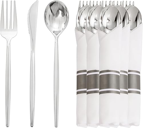 MirthMood - 150 cubiertos de plástico plateado, 50 cuchillos, 50 cucharas, 50 tenedores y 50 servilletas, cubiertos de plástico resistente, vajilla
