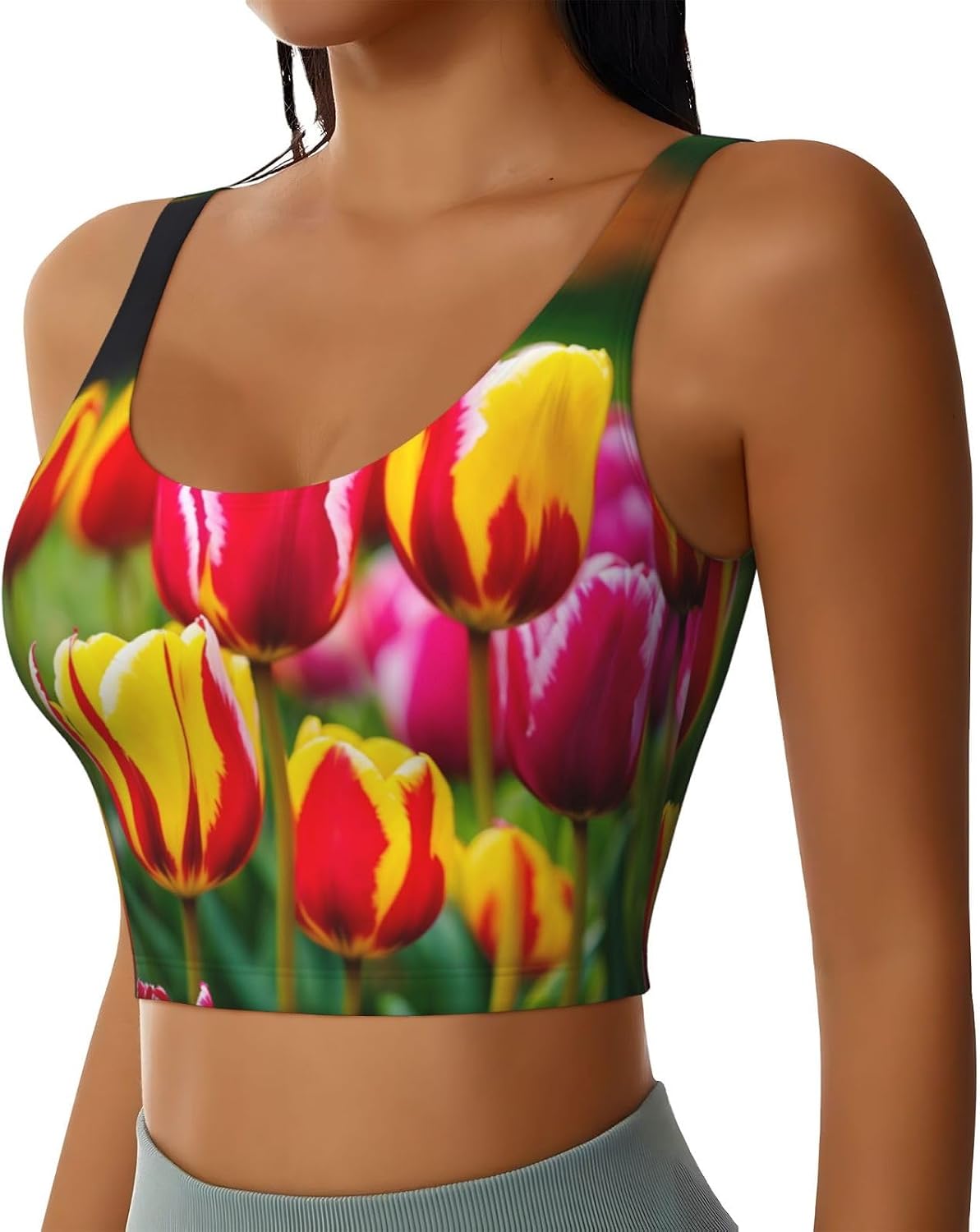 Pink Tulips Print High Impact Sports Bras,Longline Sports Bra,Perfect for Yoga,Running and Gym Workouts