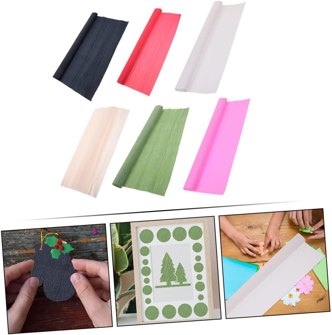 BCOATH 6 Rolls Multi-use Crepe Paper Roll Set 50x250cm 180g Wrinkled Floral Crafting Paper for DIY Flower Bouquets, Wrapping, and Party Decorations – Assorted Colors (Dark Green, White,