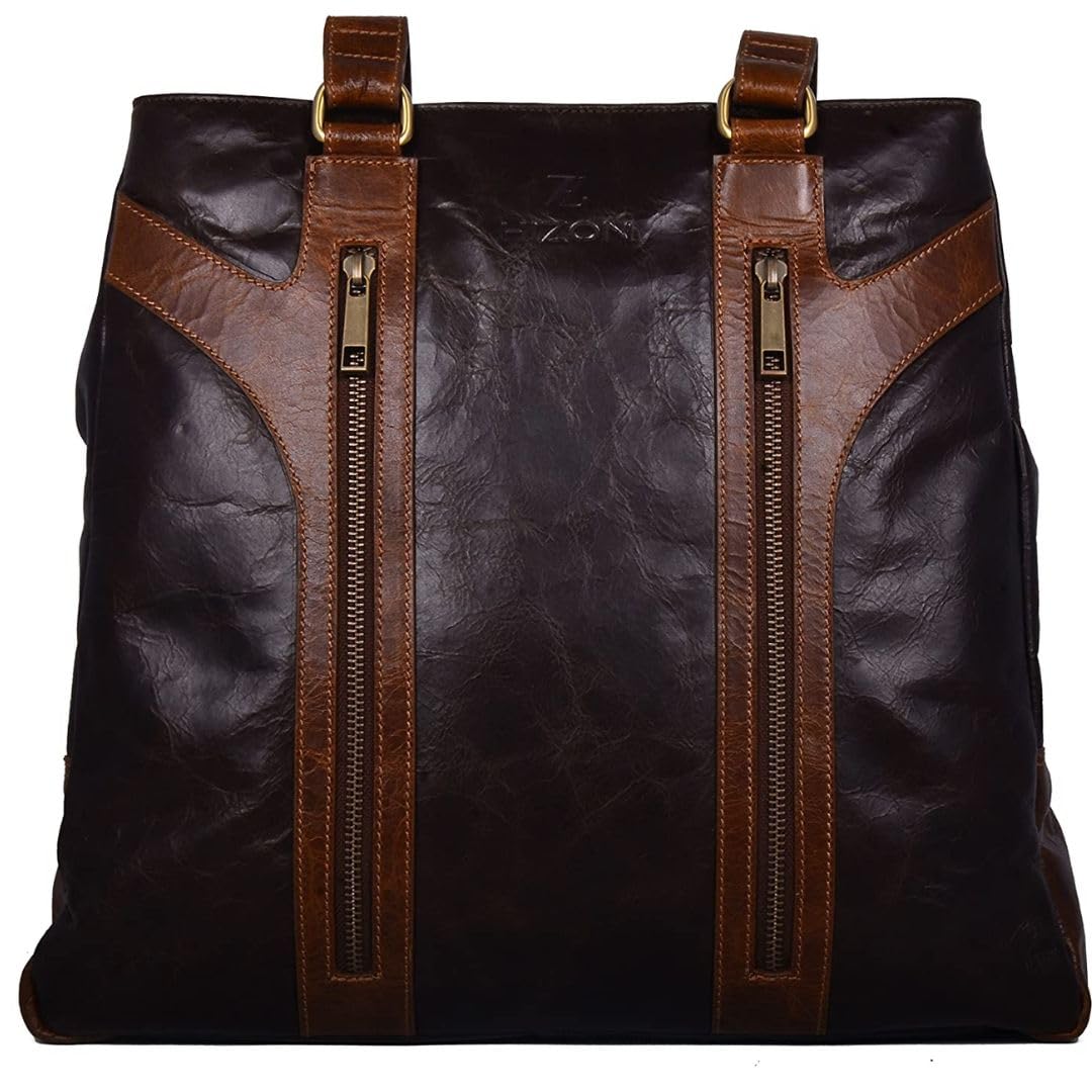 HIZON Vintage Distressed Leather Tote Bag for Women | Brown Contrast Trim | Double Zipper Design | Large Shoulder Purse with Gold Hardware-image-3