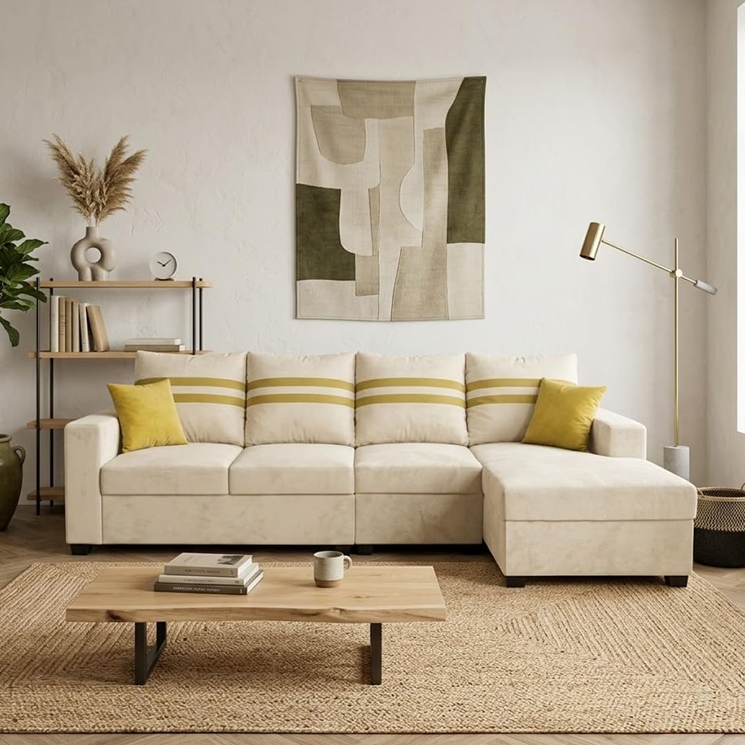 Axino Velvet-Suede Fabric 6 Seater RHS Velvet Fabric Sofa Set (Cream) | Comfortable & Spacious Seating | Modern Sofa Set for Living Room | Premium Soft Velvet-image-13