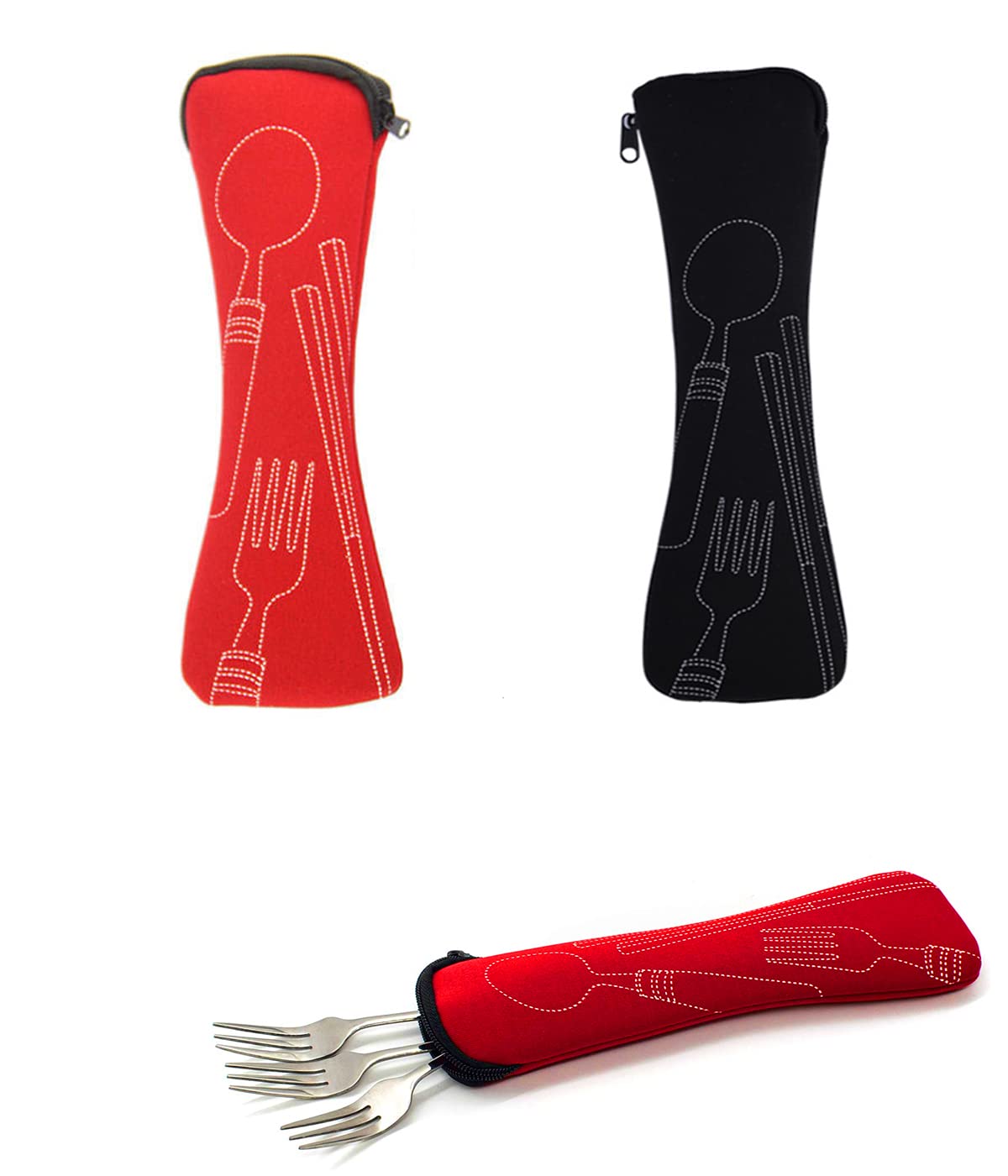Bestektas, 2-delige draagbare bestektassen met ritssluiting, neopreen tas, opbergtas, campingbestek voor reizen, camping, picknick, school, lunch (24 x 6,5 cm) (bluered