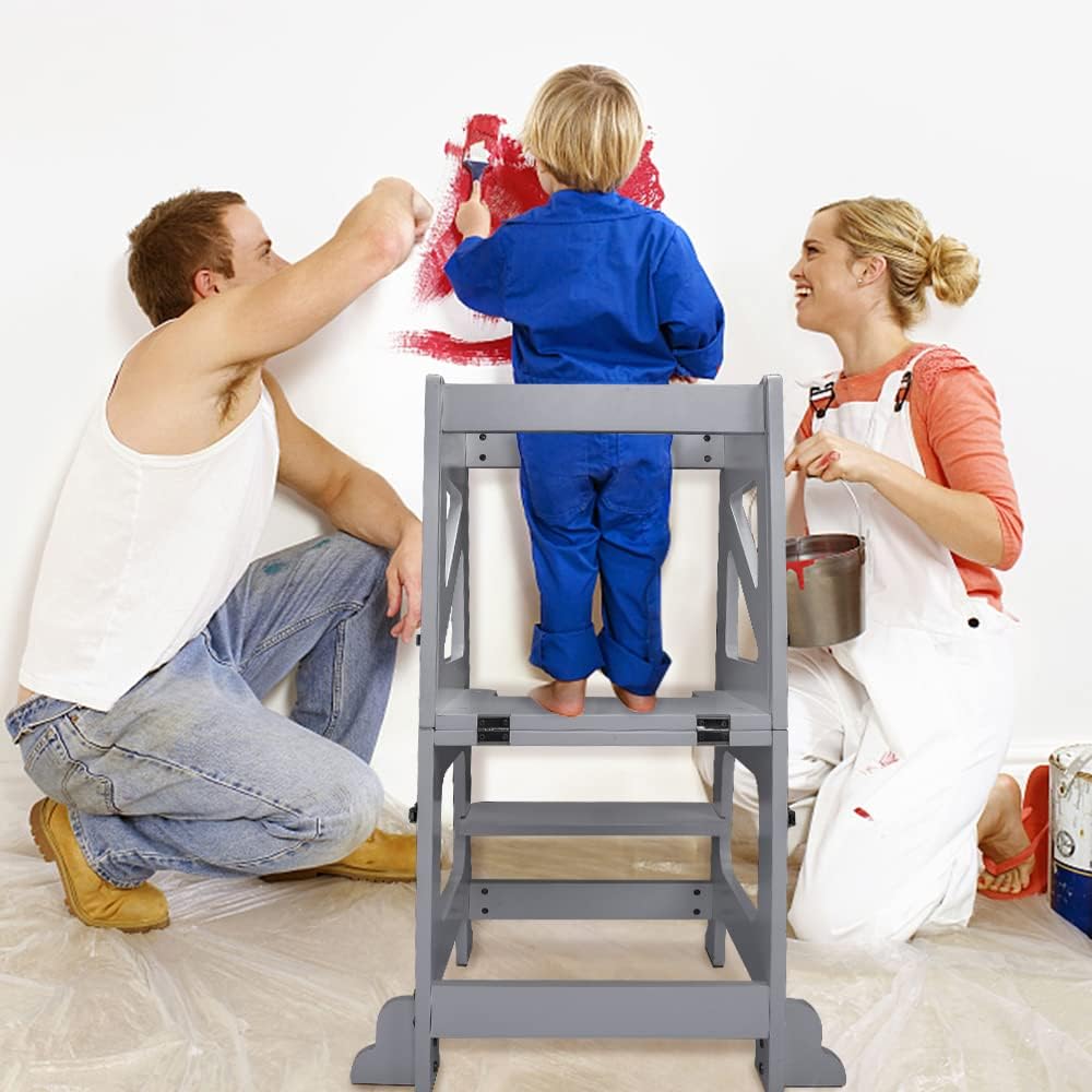 YOLEO Lernturm ab 1 Jahr, 3 in 1 Learning Tower für Kinder, Klappbare Tritthocker mit Rausfallschutz, mit doppelseitiger magnetischer Tafel, Küchen-/Badezimmerhelfer (Grau)