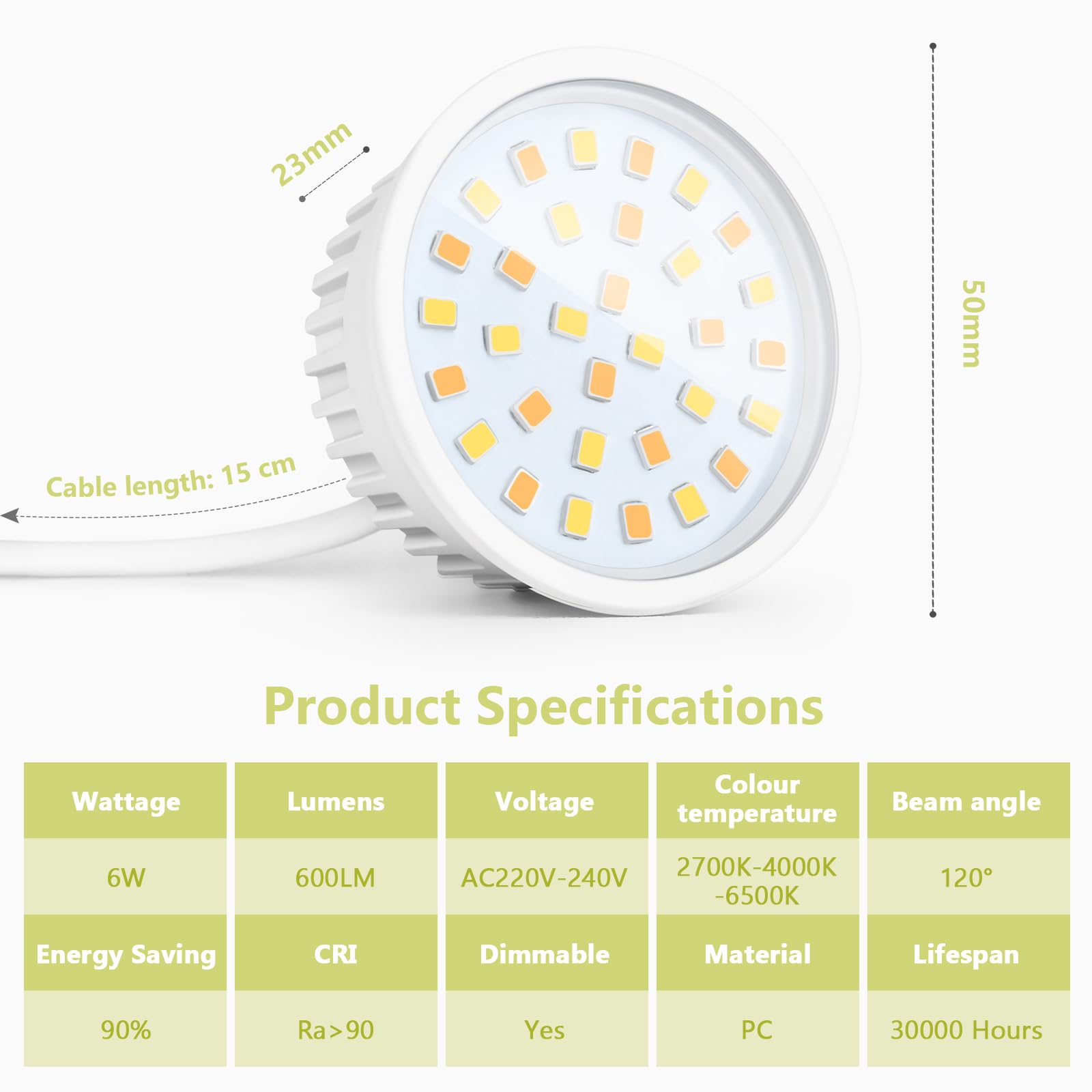 YindaLux 10x LED Modul 230V IP44, 6W 600lm, 120°, 2700K/4000K/6500K,dimmbar | Ultraflach Ø50x23mm, für Einbaustrahler und Aufbauspots, als Ersatzmodul für kompatible GU10/MR16-Lampen