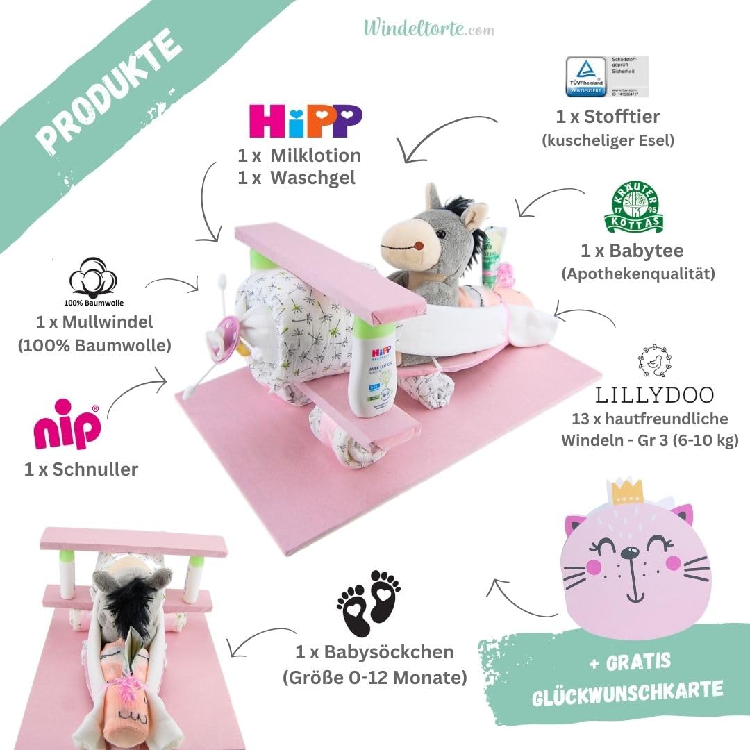 Flugzeug mit Kuscheltier - Plüschtier - Geschenk zur Geburt - Babyparty - Baby - Babyshower - Pullerparty… (Rosa/Mädchen)