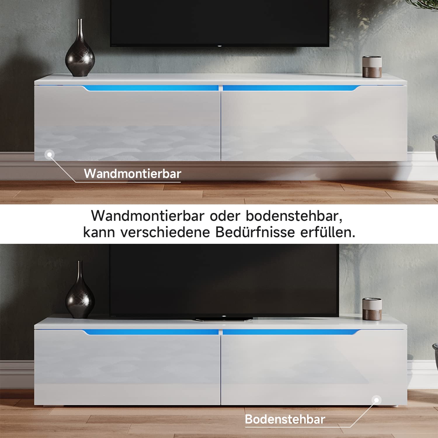 SONNI TV-Regal mit LED (16 Farben), Hängend/Stehend, Weiß, 140x35x30cm