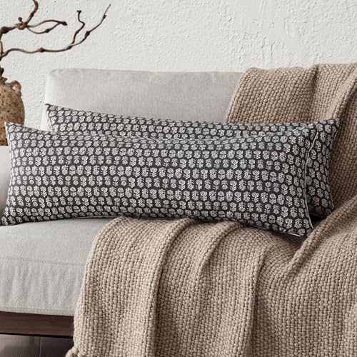 Image of Foindtower Set of 2 Decorative Neutral Body Lumbar Throw Pillow Covers Vintage Accent Farmhouse Cushion Covers Boho Floral Home Decor for Sofa Couch Chair Bedroom Living Room,14x36 Inch,Black