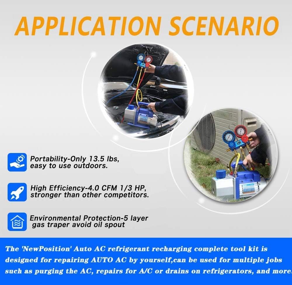 NewPosition 4CFM 1/3HP Air Vacuum Pump HVAC A/C Refrigeration Tool Kit AC with Leak Detector, Auto Repair Equipment, Manifold Gauge Set(R134A R22), 3 Hoses, Ideal for Food Packaging,Milking,Medical et : Automotive