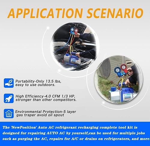 Miniatura 7 de NewPosition 4CFM 13HP - Kit de herramientas de refrigeración HVAC AC con detector de fugas equipo de reparación de automóviles juego de medidores de