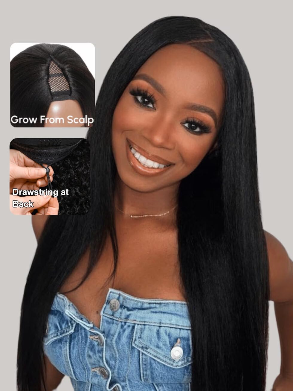 UNICE Yaki Straight V Part Wig Human Hair No Leave Out Glueless Upgrade U Part Wig Human Hair Clip in Wigs Beginner Friendly No-Sew In No Glue 18 inch, V-Part Black Wig