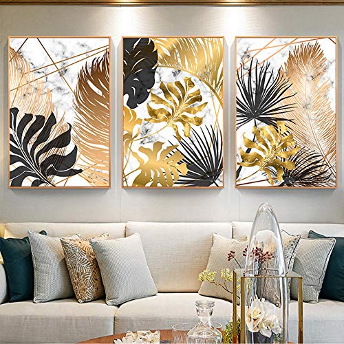 Affiche impression pour salon élégant avec motif abstrait doré feuille noire en triptyque