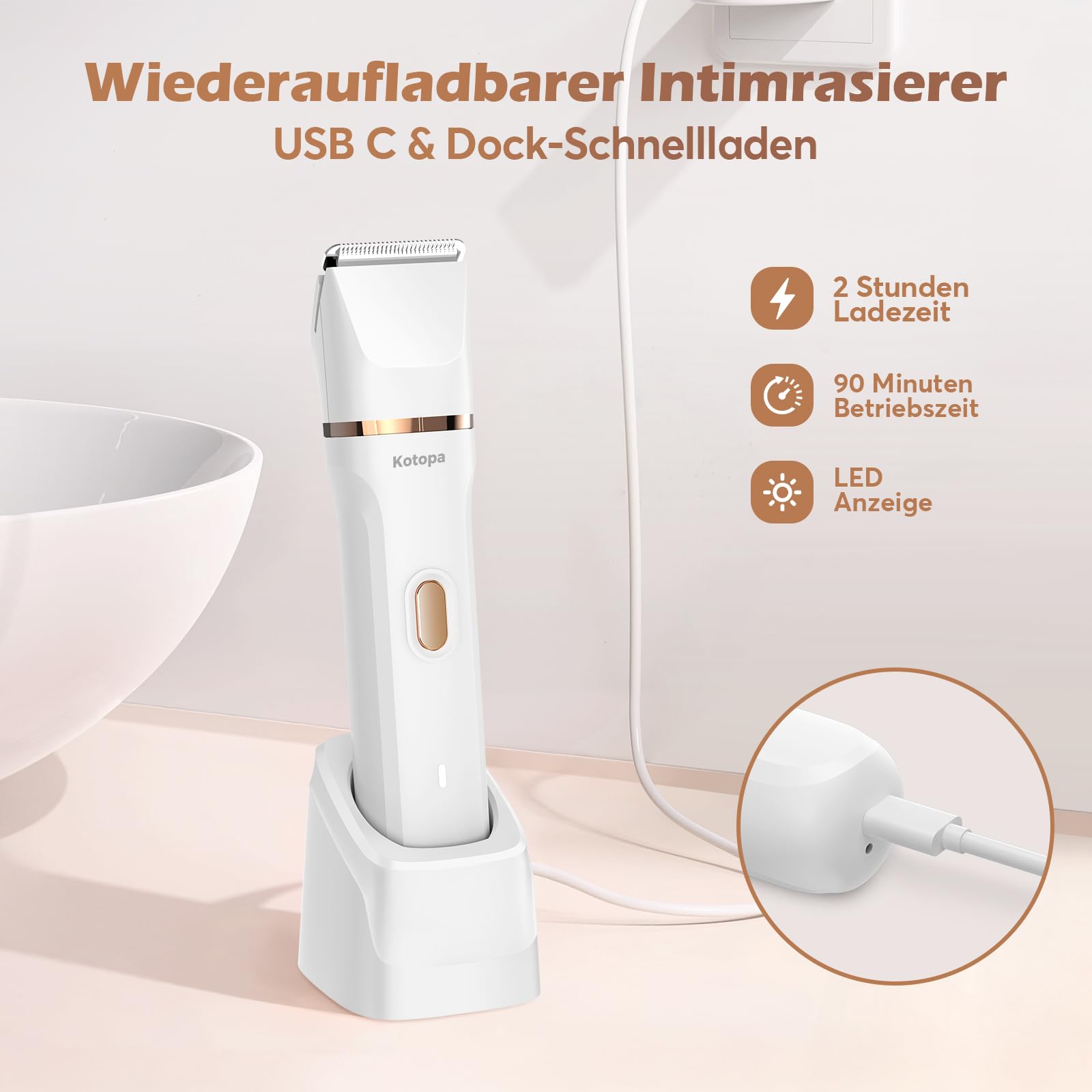 Kotopa Intimrasierer für Frauen, 3 in 1 Elektrischer Rasierer Damen für Bikinizone, Gesicht und Körper, Kabelloser Bikini Trimmer für Intimbereich, Wasserdicht & Hautfreundlich(Gold)