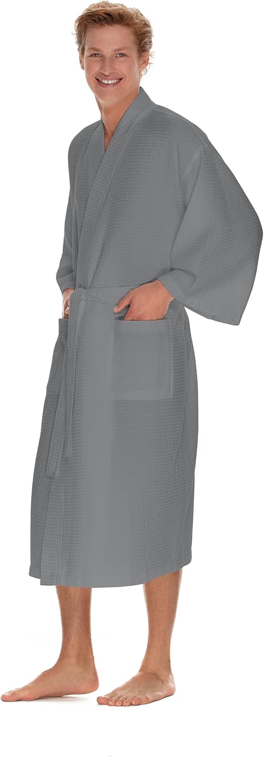Men's Waffle Robe by BOCA TERRY, Waffle Knit Spa Robe, Long Lightweight Cotton Kimono Hotel Bathrobe - Image 2