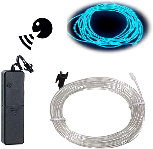 EL Wire Ice Blue, Sounds Control/Constant Light/Flash 9ft Neon Lights Neon Wire Neon Glowing Strobing Electroluminescent Wire with Battery Operated for Parties, Halloween, DIY Decoration
