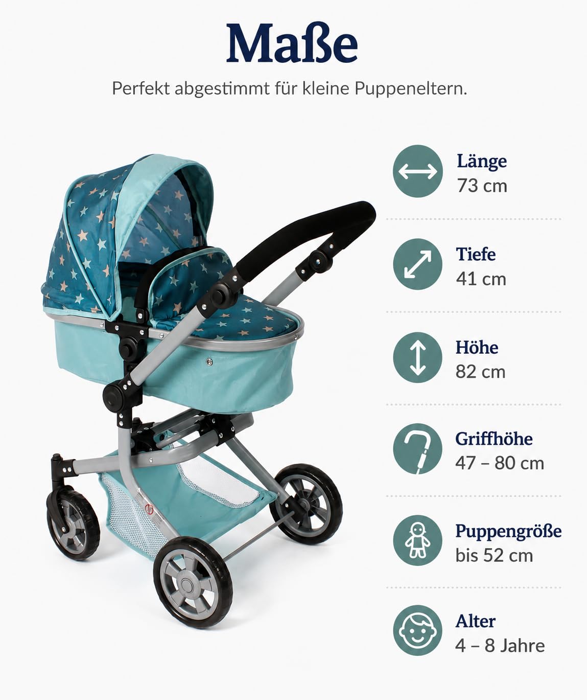 Bayer Chic 2000® 2in1 Puppenwagen Mika – Sternchen türkis – faltbar – höhenverstellbarer Griff 47-80 cm – modernes Gestell – Puppen bis 52 cm – 4-8 J, Flowers | Mit Schwenkschieber, umsetzbarem Aufsatz und schwenkbaren Vorderrädern – für Puppen bis 52 cm