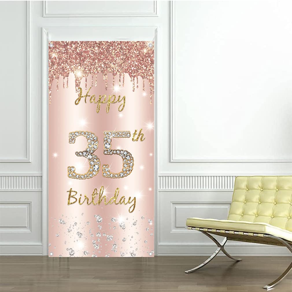 35. urodziny kobiety dekoracja, Happy 35 Birthday Door Banner Różowe złoto, 35. urodziny materiał szyld plakat dekoracja drzwi, 35. urodziny tło baner kobiety, impreza urodzinowa tabliczka powitalna