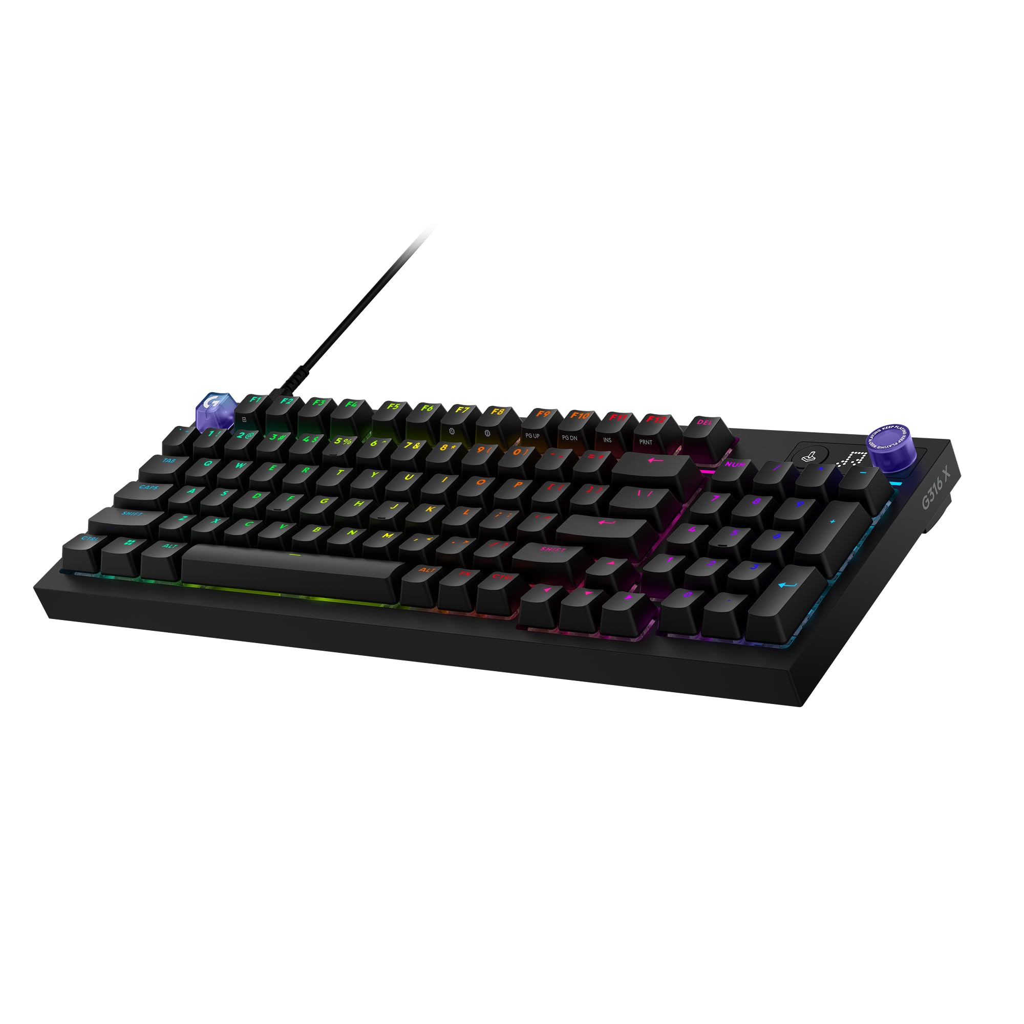 Logitech G316 X 98, częstotliwość raportowania 8 kHz, przełączniki dotykowe z możliwością wymiany podczas pracy, konstrukcja z uszczelkami, wyświetlacz matrycowy LED i pokrętło