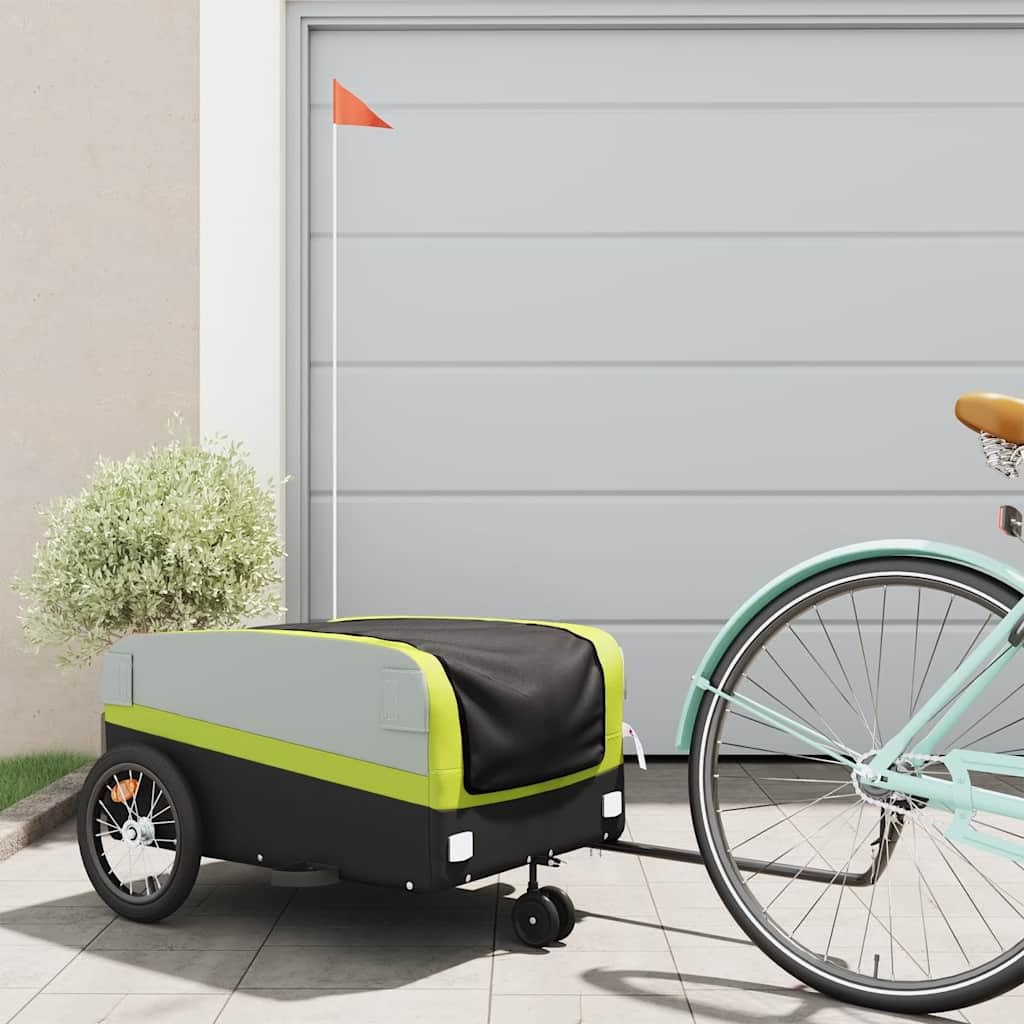 Przyczepa rowerowa, czarna, zielona, nośność 45 kg, żelazna z dyszlem, flaga bezpieczeństwa, składana, do transportu ładunków, dzieci, psów, bagażu, zakupów, aktywności na świeżym powietrzu