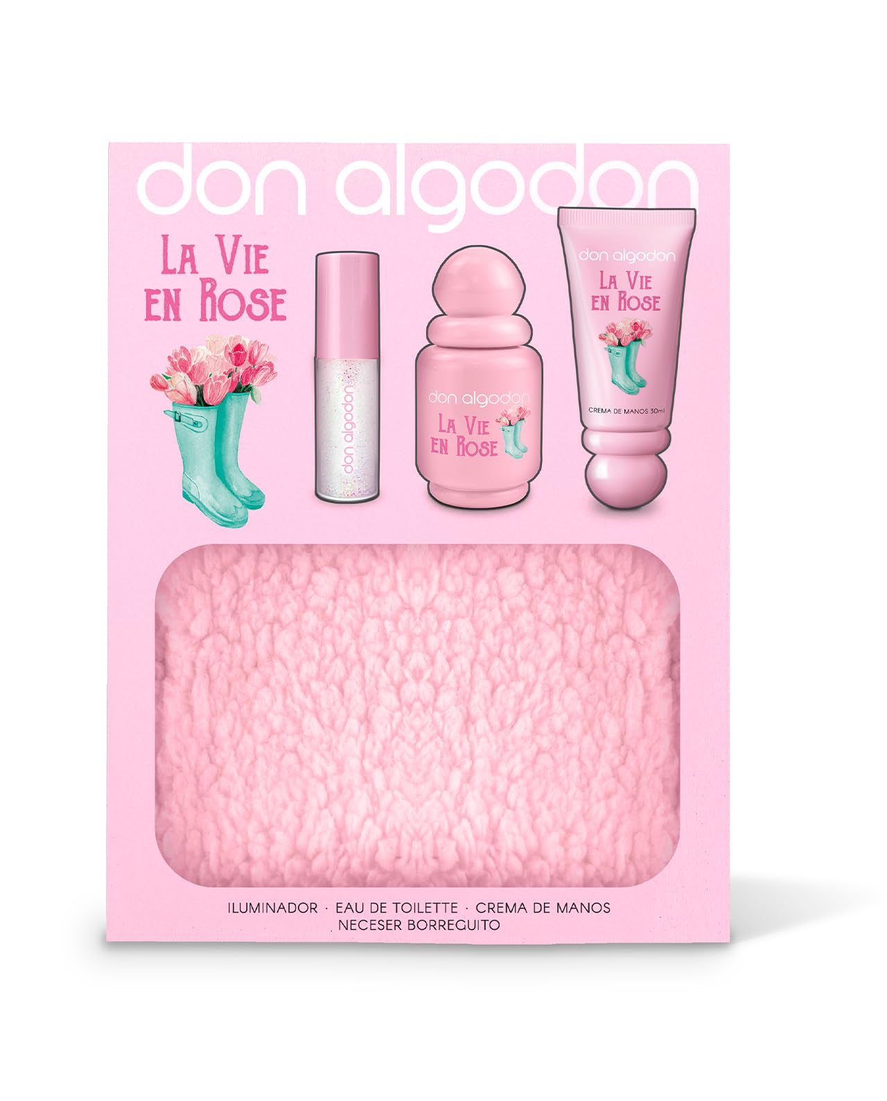 Set La Vie en Rose Don Algodón Mujer Mini Incluye la fragancia La Vie en Rose 30 ml, iluminador, crema de manos perfumada y un encantador neceser de borreguito.