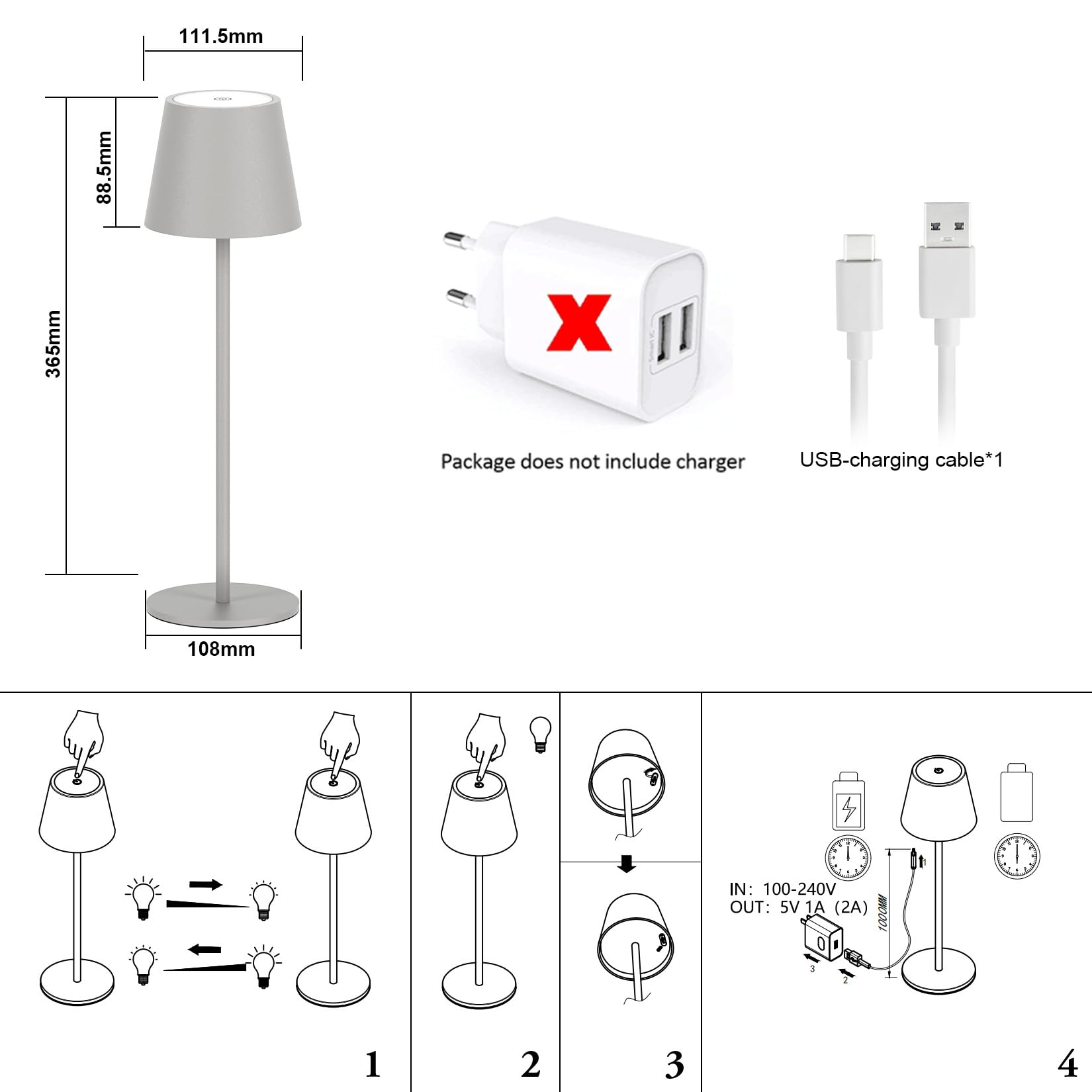 Klighten 2 Piezas LED Recargable Lámpara de mesa con batería, Regulable Lámpara de escritorio Aluminio con USB-C Carga, 3000K de Luz Cálida, Imperméable IP54, para Interiores y Exteriore, Negro