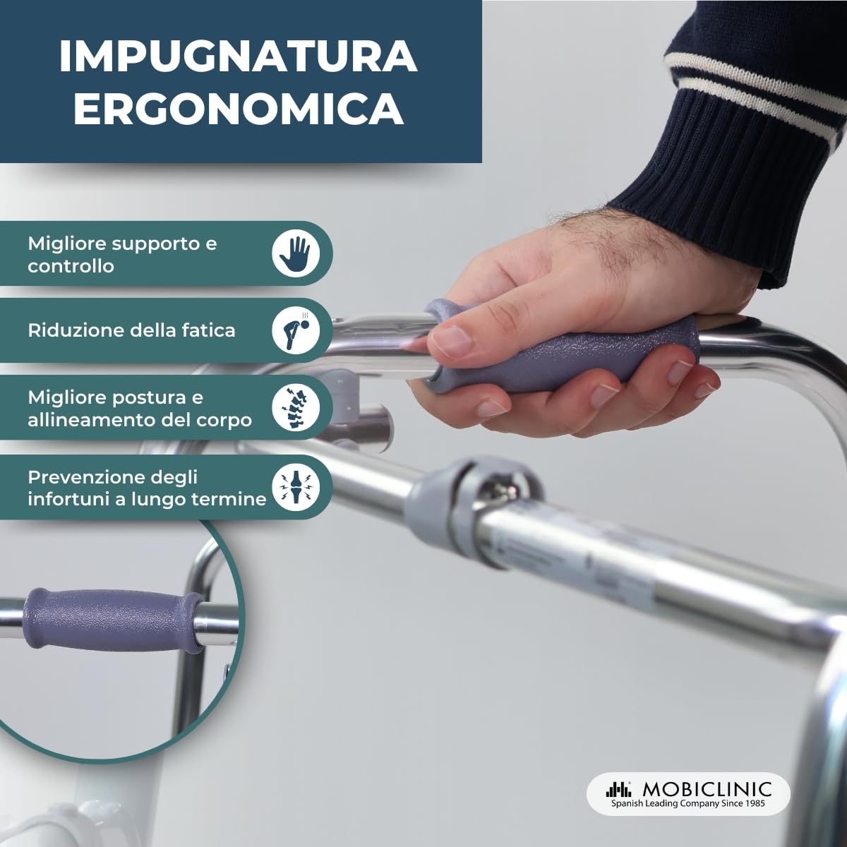 Mobiclinic®, Telaio per anziani, Modello capitel, Marchio europeo, Pieghevole, Regolabile in altezza, Antiscivolo, Adulti o disabili, Leggero e robusto, 2 ruote, Alluminio, Colore grigio