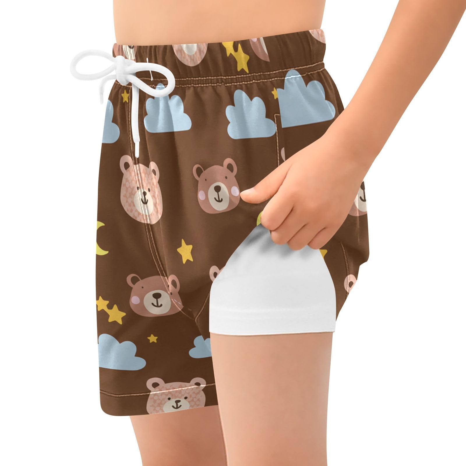 YANENDIE Boy Swim Trunks with Compression Liner Bear Faces Boys Swim Shorts Quick Dry Beach Shorts