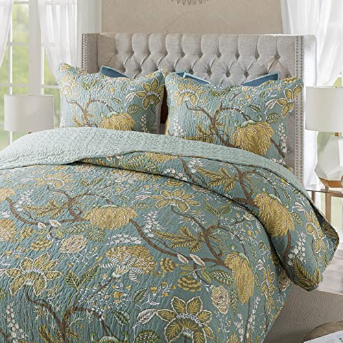 NEWLAKE Cotton Bedspread Quilt Sets-Reversible Patchwork Coverlet Set, Green Floral Pattern, King Size