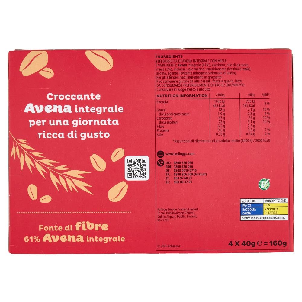 Barrette Croccanti Oaties di Avena Integrale con Miele, Confezione Rossa, 160g [BOX con 6 Confezioni]
