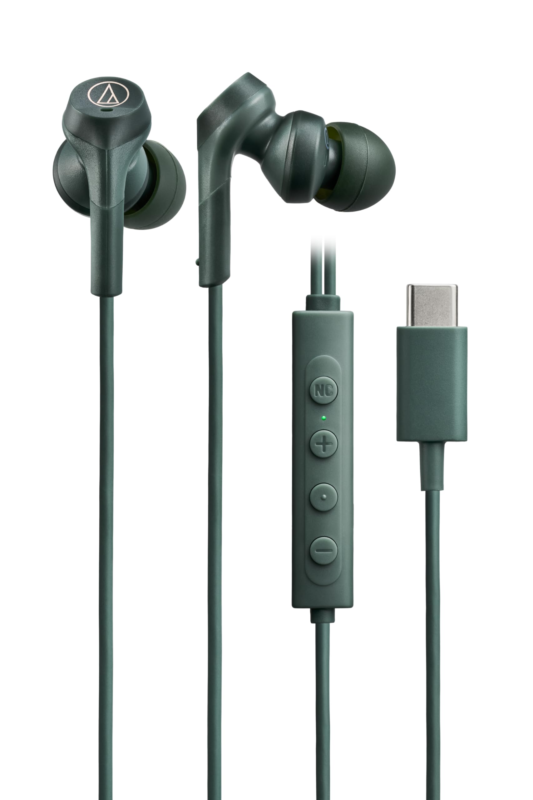 Audio-Technica ATH-CKS330NC GR Earphones, Wired Type C, Noise Cancelling, 3.9 ft (1.2 m), U-Shaped Cord, No Delay, Microphone Included, Remote Control, Heavy Bass, Sealed Type, Built-in DAC, Green)