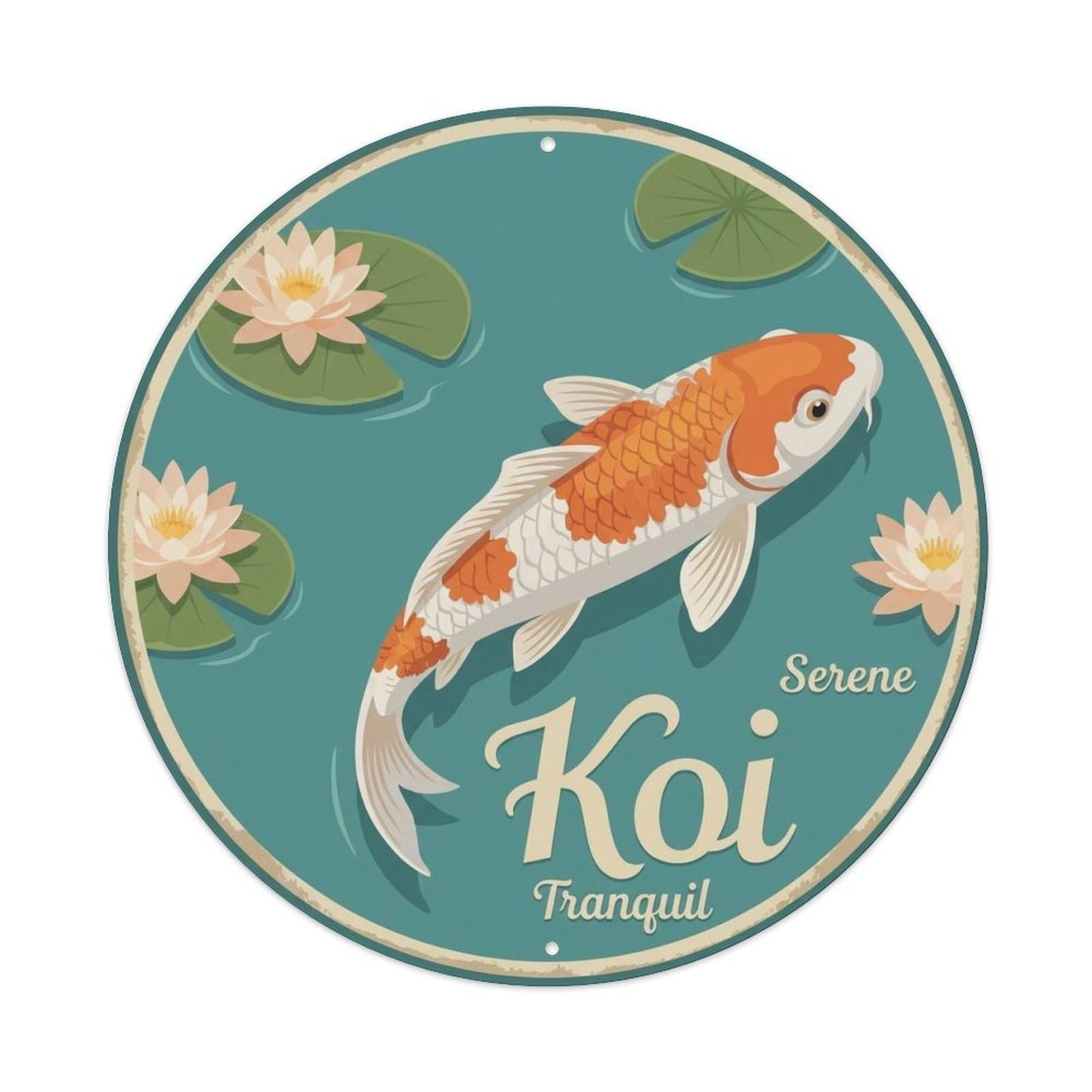 Koi Carp Waters Classic Garden Traditional Metal Tin Sign Plaque Wall Decor for Cafe, Man Cave, Club Bar, Office, Home Garden Round Metal Poster 8x8Inch