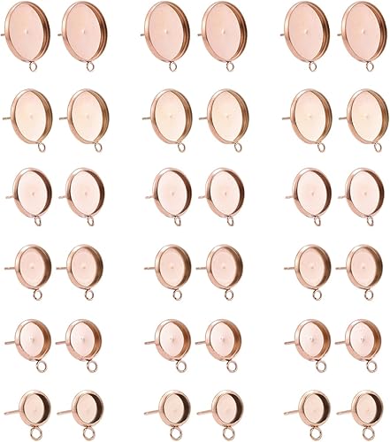 12 piezas de acero inoxidable 304 en blanco de acero inoxidable de oro rosa Componentes de 0.433-0.827 in Bandeja de bisel de cabujón redondo plano