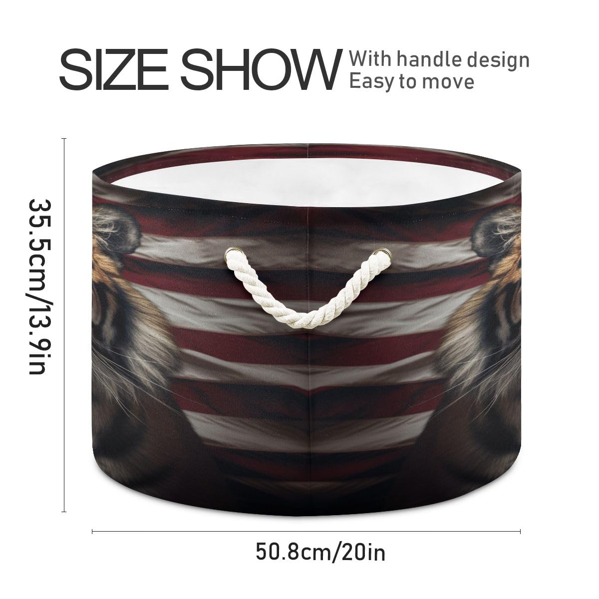 Round Storage Basket Cool Tiger and Flag Open Home Storage Bin 20 * 13.9in