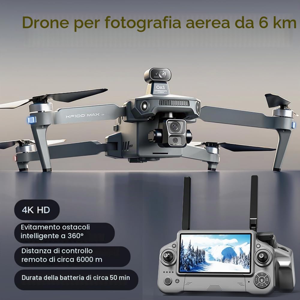 Drone con fotocamera 4K per Adulti, KF100MAX, Prevenzione Ostacoli a 360°, Stabilizzazione Gimbal a 3 Assi, Trasmissione Video a 6 km, Quadricottero Brushless Intelligente, 3 Batterie
