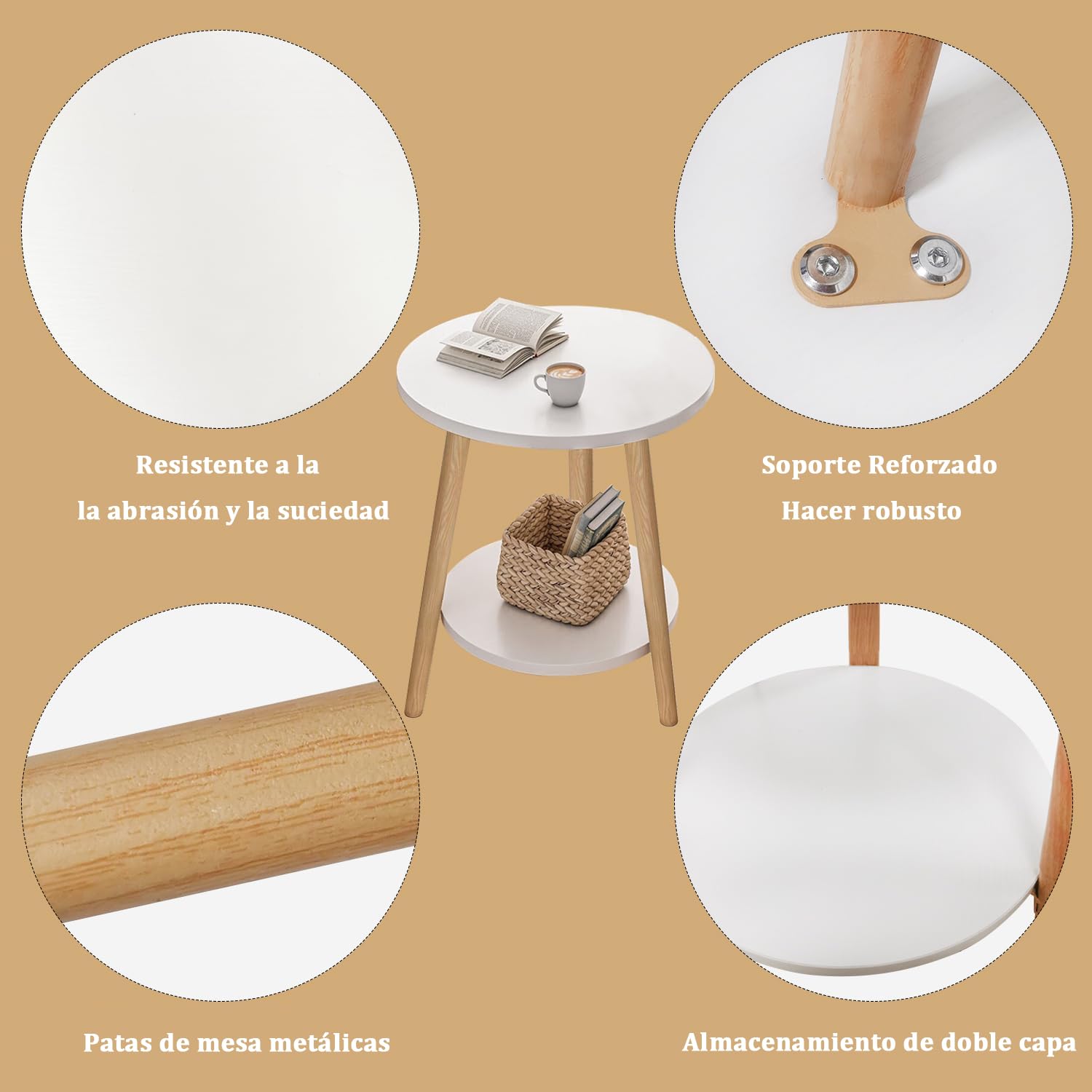 Mesa Auxiliar Redonda de 2 Niveles Negra, Ø38x55 cm para Sofá | para Salón y Dormitorio, Estructura Metálica, Fácil Montaje, Blanco