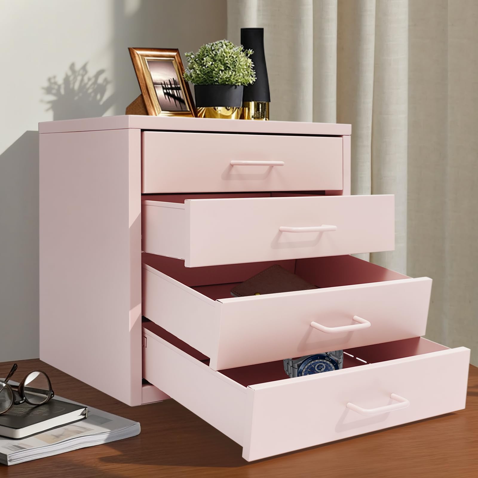 Ablagebox Schubladenboxen A4 Aufbewahrungsboxen Schreibtisch Organizer mit 4 Schubladen Mini Kommode Schubladenbox Papierablage Metall-Aufbewahrungsschublade für Hause, Büro (Rosa)