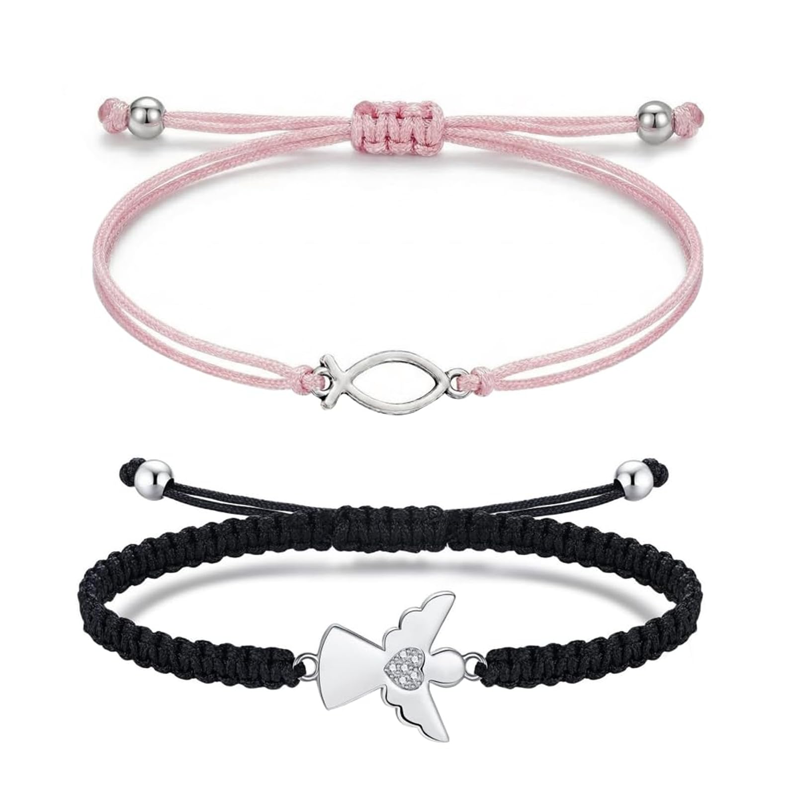 JENCVNL Schutzengel Armband Damen Silber 2 Stück Verstellbares Schutzengel Armband Handgefertigtes Glücksbringer Armband Freundschaftsband für Frauen Mädchen Beste Freunde