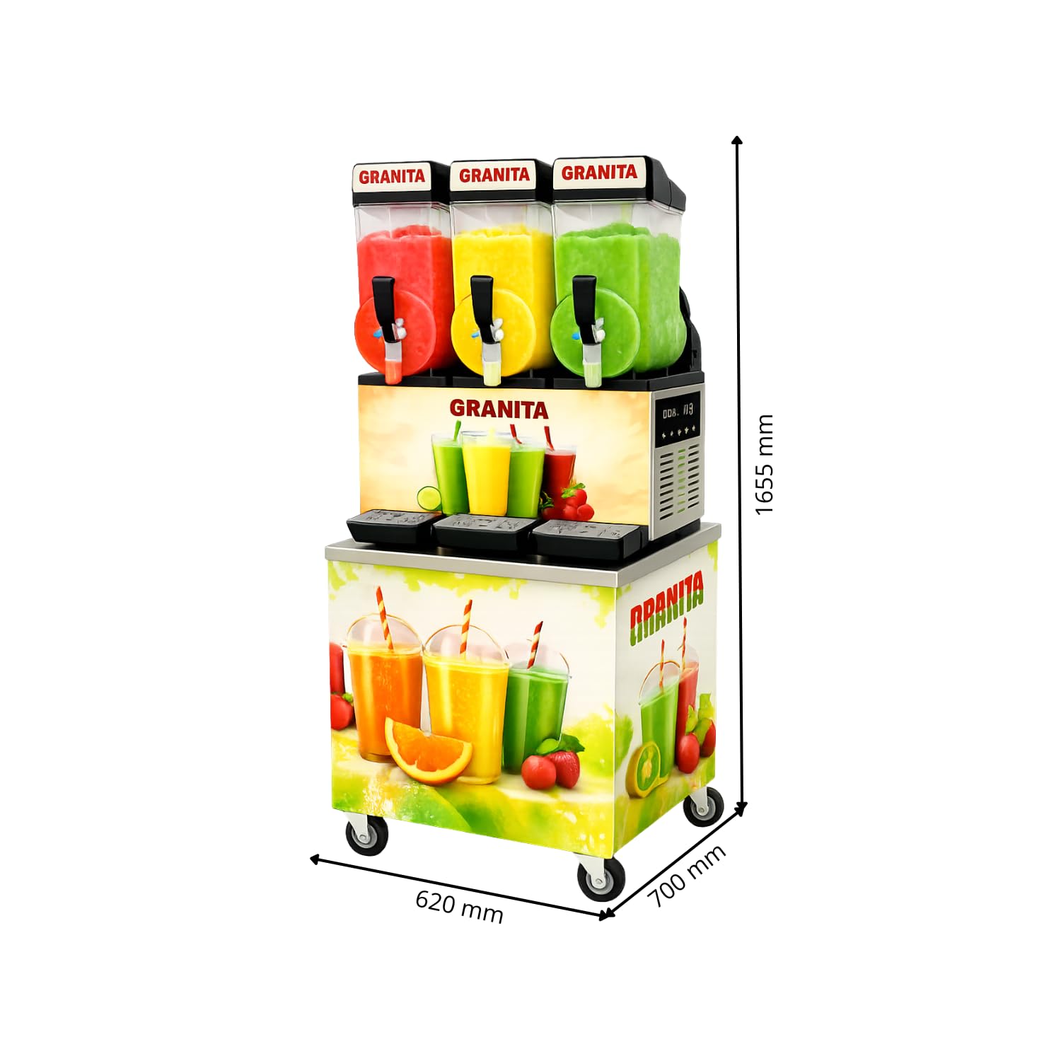 Machine à Granita Professionnelle 3 × 15 L avec Chariot - Granité/Slush - Éclairage LED - Gaz R290-1200 W