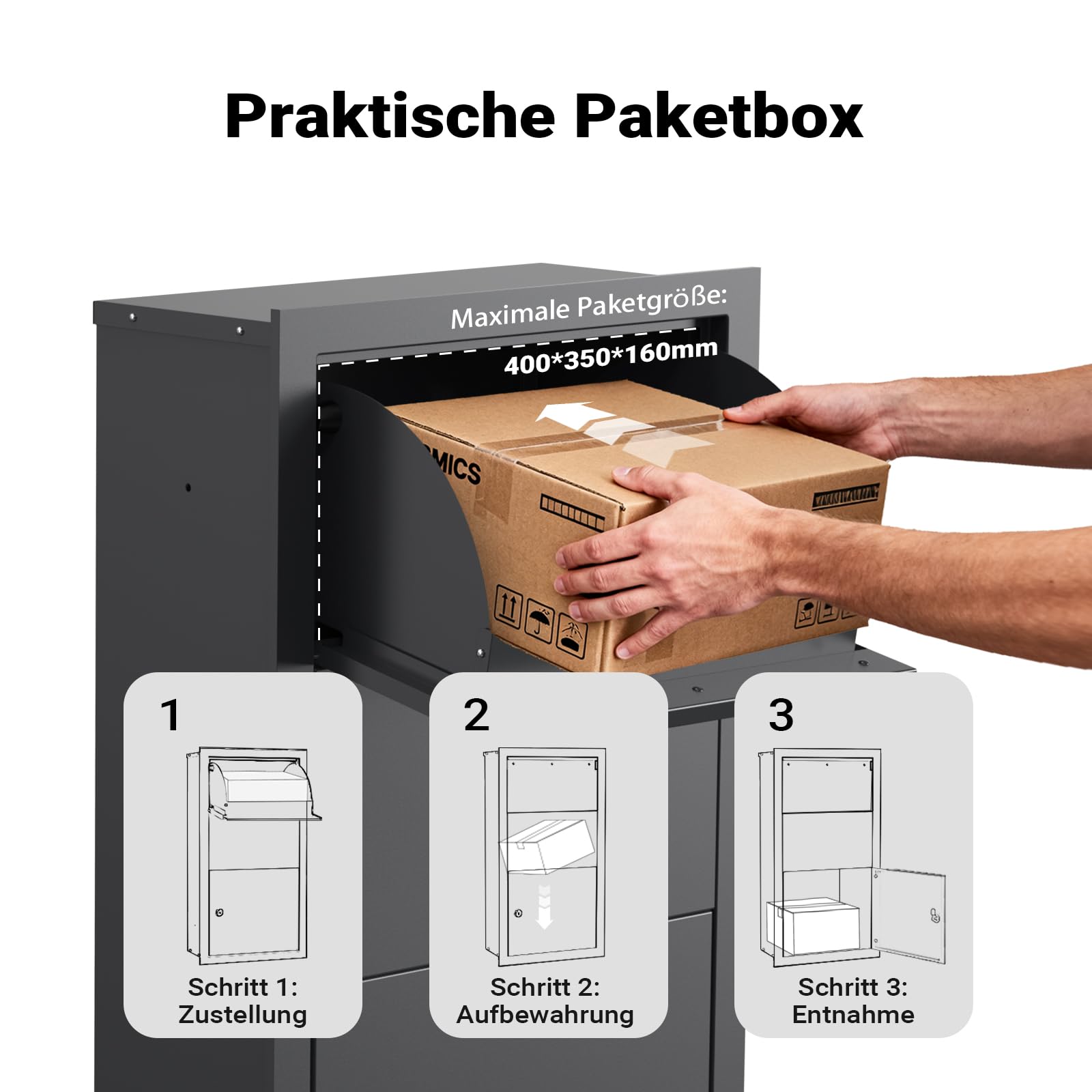 XPOtool Paketkasten Anthrazit 470 x 220 x 870 mm, Paketbox Zuhause, Private Paketannahme passend für Pakete und Päckchen, Wandbriefkasten Stahl