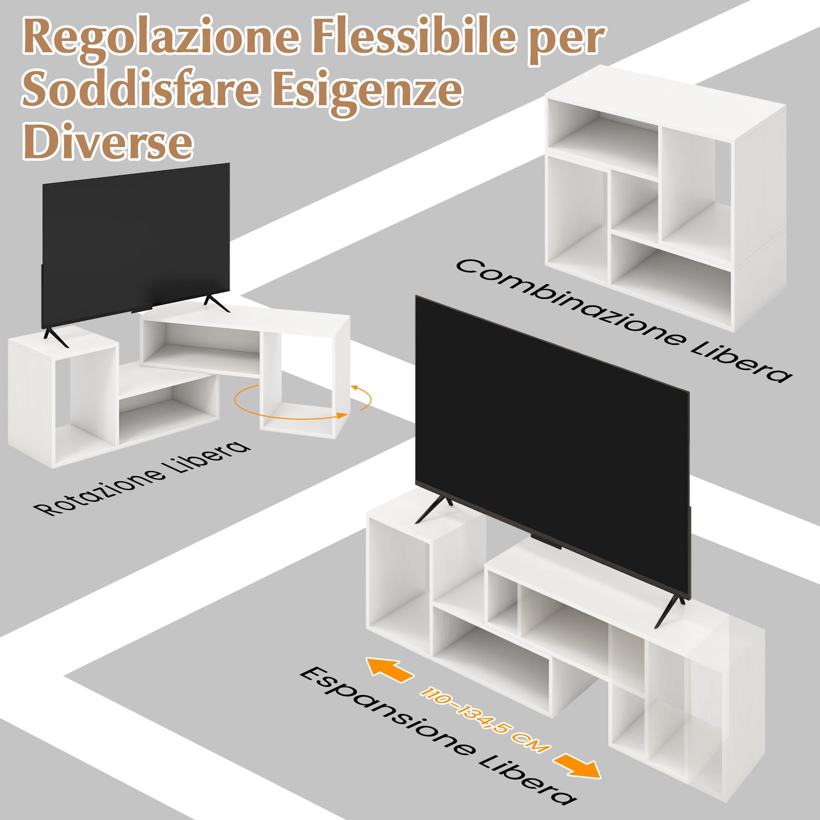 COSTWAY Mobile Porta TV Combinabile a 2 Pezzi, per TV Fino a 60'', Mobile TV a Angolo Soggiorno in Legno, con 4 Vani Aperti, Tavolo Media TV Multifunzionale, per Soggiorno, Camera da Letto (Bianco)