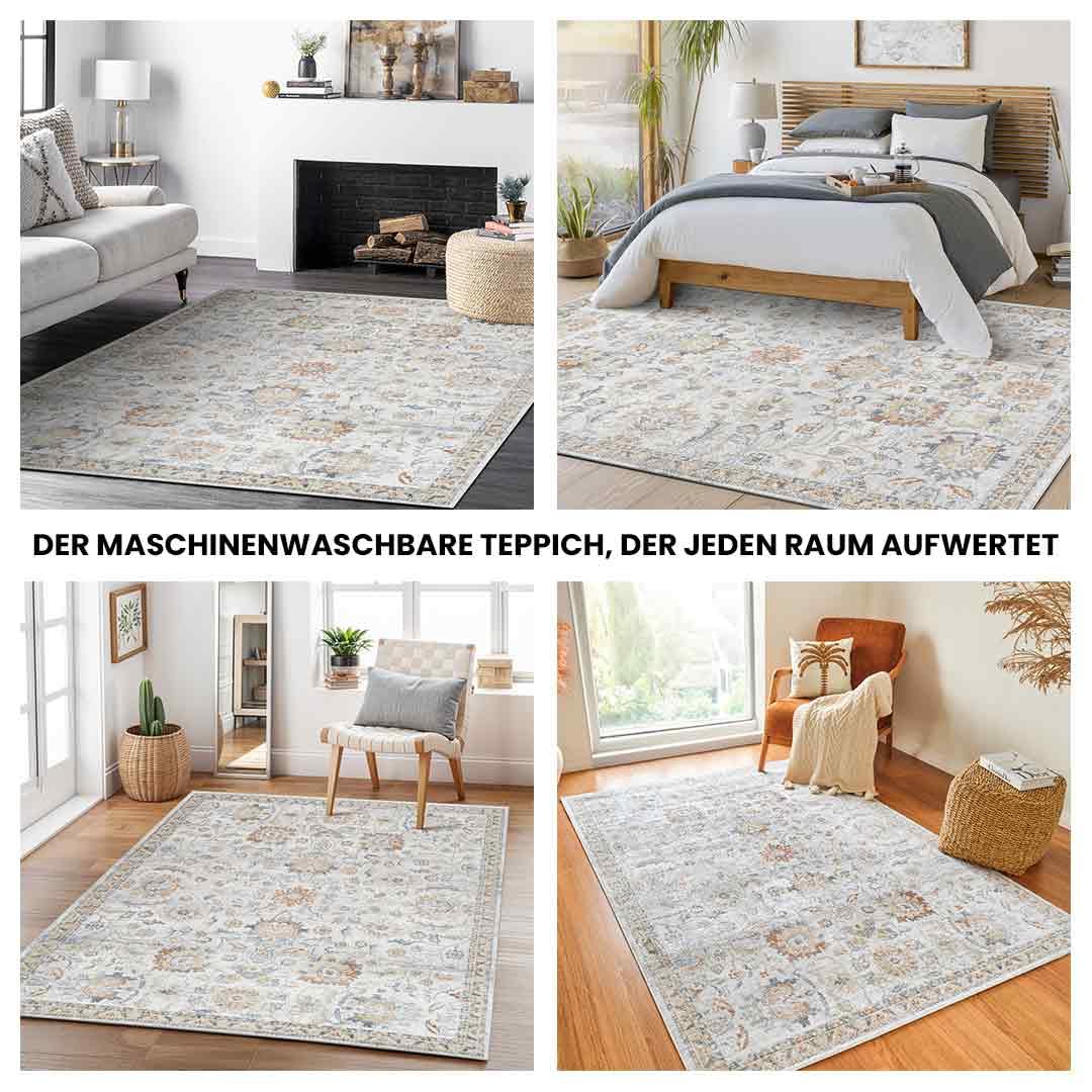 Livabliss Doha Teppich waschbar in der Waschmaschine - Vintage Teppich Groß für Wohnzimmer 200 cm, Schlafzimmer, Küche - Orientalischer Boho Teppiche, Elfenbein, Grau, Blau