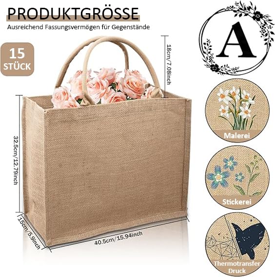 15 Stück Jute-Tragetaschen, Wiederverwendbare Große Jutebeutel mit Henkeln, Jute-Geschenktüten für Küche, Lebensmittel, Geschenke, Hochzeiten, DIY-Projekte, Kunsthandwerk, 40,5 x 32,5 x 15 cm