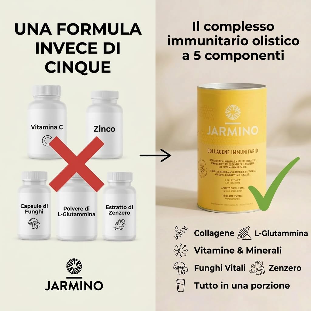 Idrolizzato di collagene con L-Glutammina - Rafforza il sistema immunitario | Vitamina C, D, Selenio, Zinco, Zenzero, Sambuco, Funghi vitali | 450 g di polvere di glutammina | JARMINO