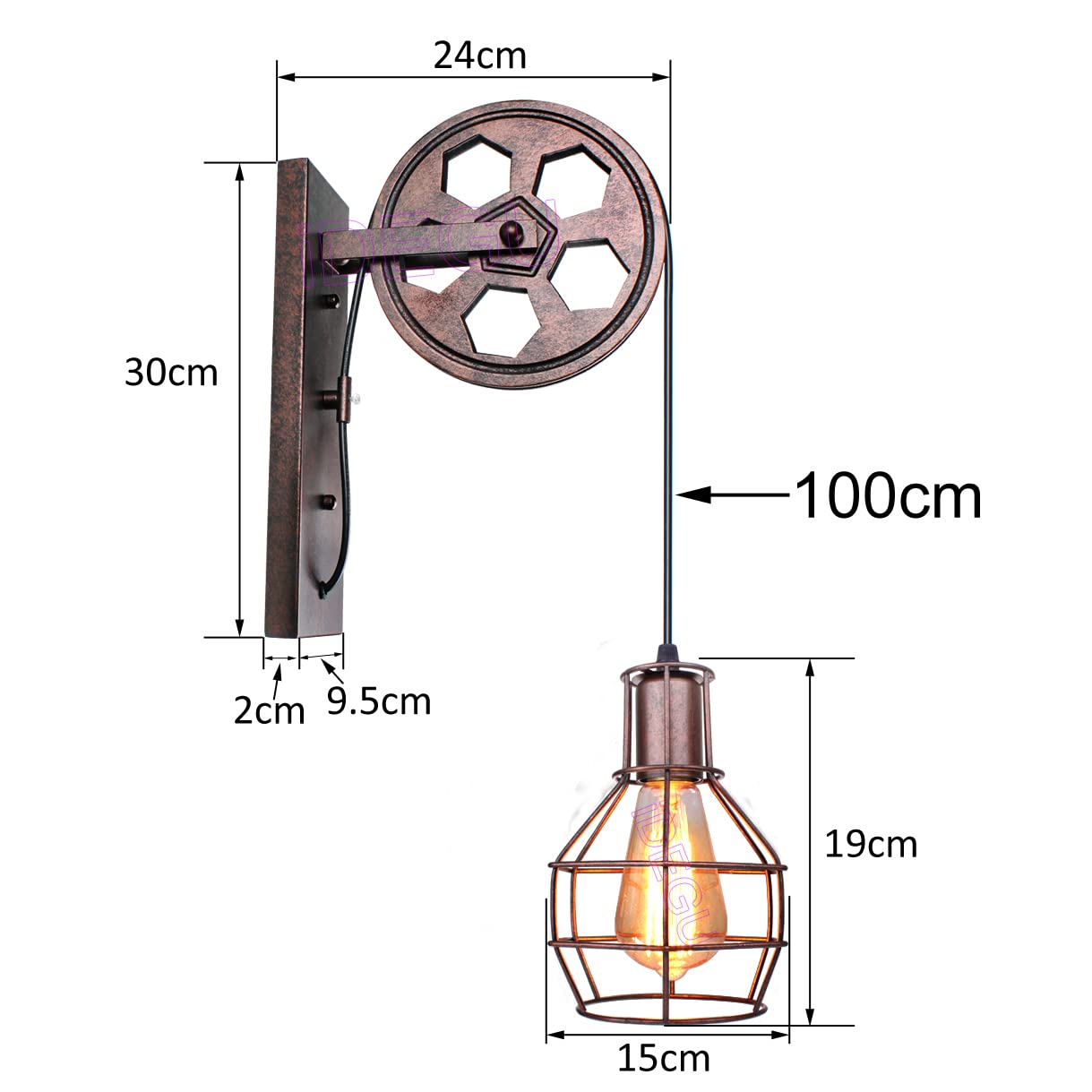 iDEGU Lot de 2 Appliques Murales Industrielle Éclairage Mural Vintage Poulie Design Lampe de Mur Intérieur Rétro Ajustable Suspension Luminaire pour Bar Chambre Salon Restaurant Café Couloir - Rouille