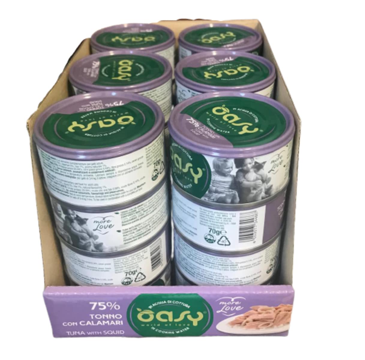Oasy More Love cibo umido naturale per Gatti adulti gusto Tonno con Calamari. Confezione da 24 scatolette (1 scatoletta = 70 gr.) Formulato senza glutine