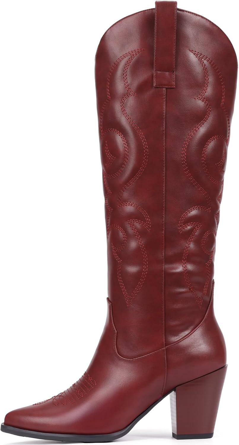Pasuot Cowboy Boots for Women - Western Knee High Cowgirl Boots with Side Zipper, Retro Pointed Toe Tall Block Heel Pull On Long Boot Fall Winter Concert Burgundy Red Size 12 - Image 4