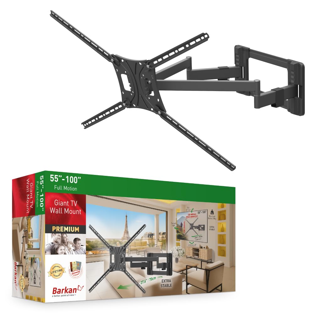 The Barkan Dual Arm Full Motion Articulating - 4 Movement TV Wall Mount, fits Flat/Curved Screens Sizes 55 to 100 inches and Weight up to 154lbs.