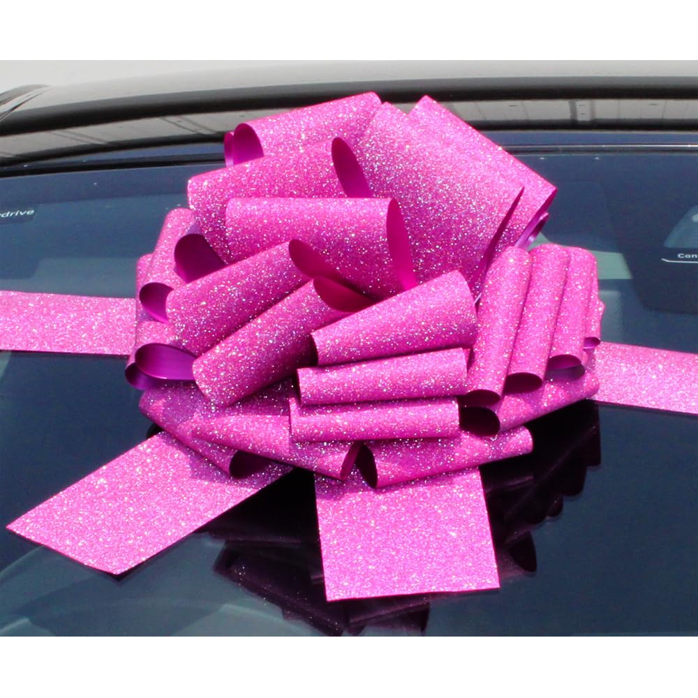 Hampabox GIANT CAR BOW (30cm diameter) + 3 METRES of RIBBON for Cars, Bikes, Big Birthday GLITTERY PINK/PURPLE