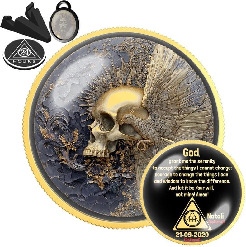Golden Skull Wings Sobriety Coin | Personalized AA NA Recovery Token | Custom Name Sobriety Date | Gold or Silver | Sobriety Chip Gift (Silver)