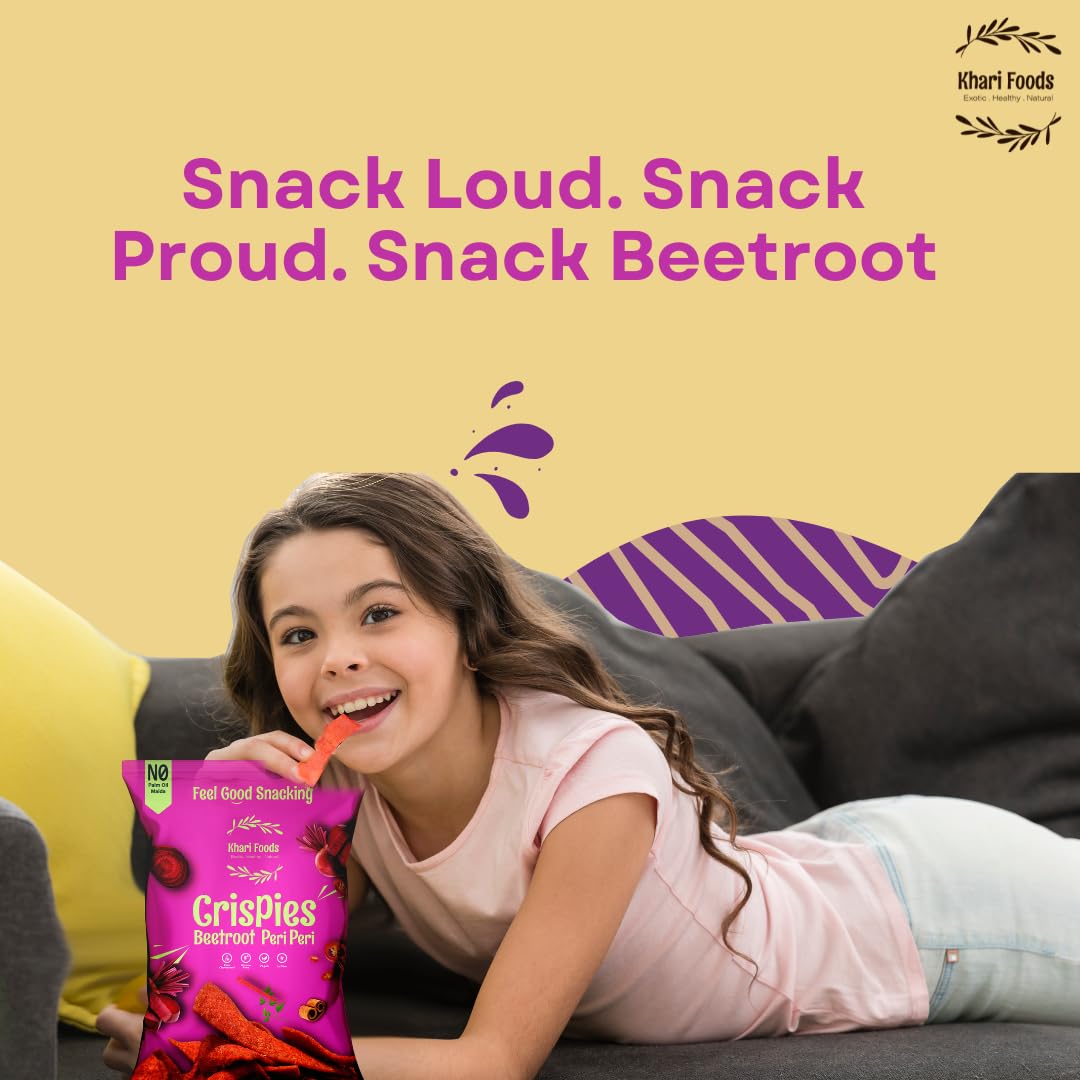 Khari Foods Beetroot Crispies, Peri Peri Flavoured Chips, No Palm Oil, No Maida, Millet Goodness, Fibre Rich, Zero Cholestrol, Gluten Free Vegan, Healthy Snacks (50g x 4 Combo) - Image 5 thumbnail